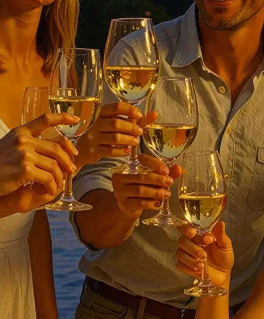 Clientes brindando con cócteles "Verano en Copa" en la fiesta del solsticio de LaFinca Grand Café