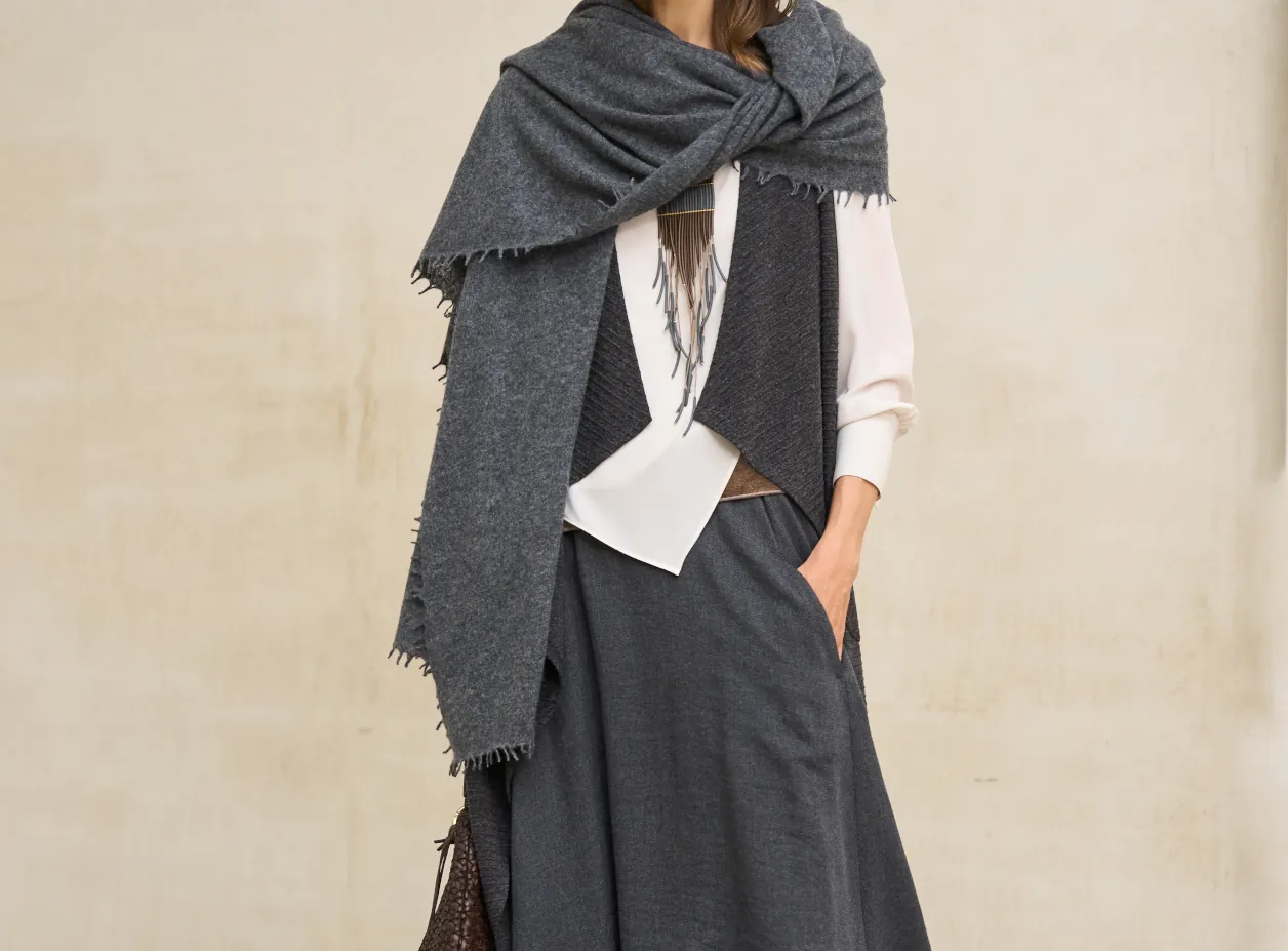 rivera elegancia en movimiento 2 Detalle de chal de lana gris sobre camisa blanca, colección otoño-invierno de Rivera