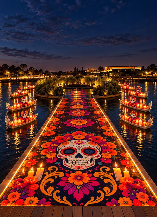 Altar del Grand Día de Muertos iluminado sobre el lago de LaFinca Grand Café al anochecer