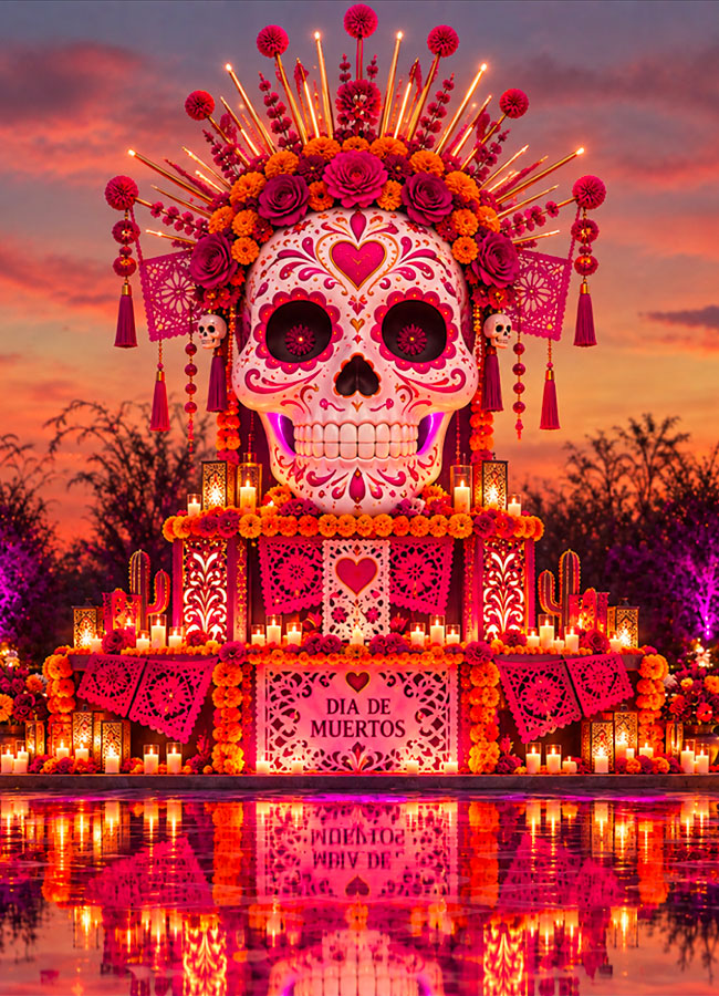Altar de Día de Muertos con calavera, flores y velas en el interior de LaFinca Grand Café