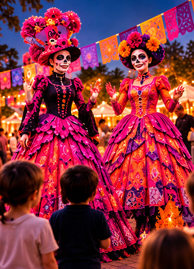 Catrinas con vestidos tradicionales del Día de Muertos en LaFinca Grand Café