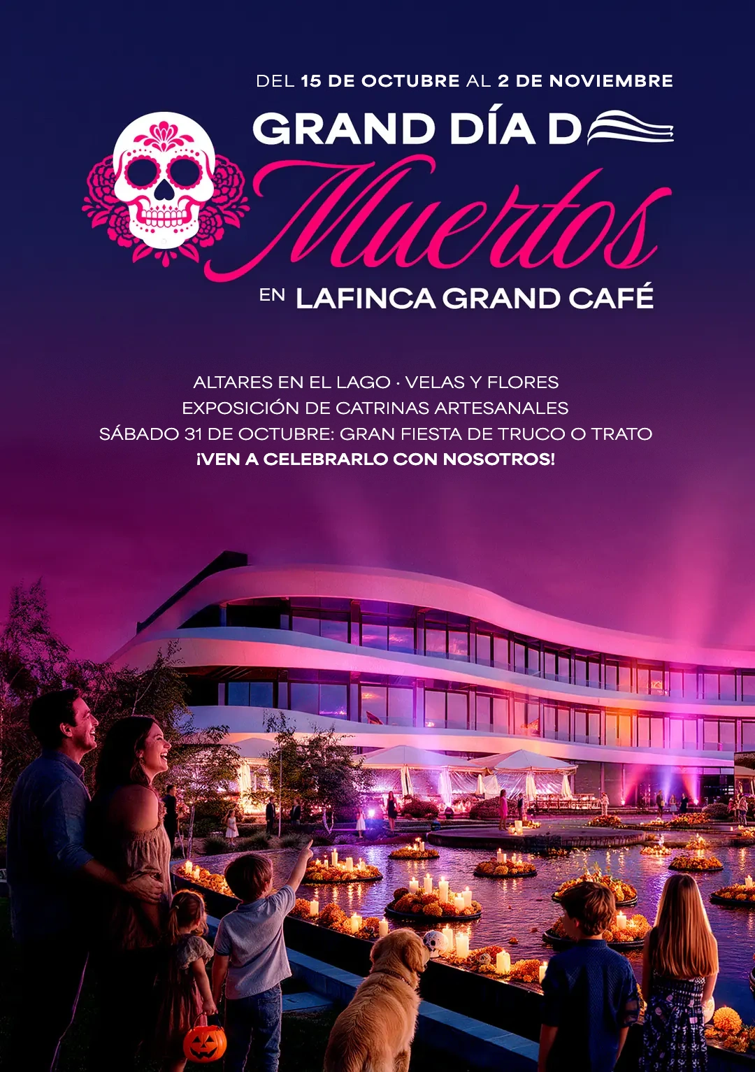 Grand Día de Muertos en LaFinca Grand Café: altar iluminado con velas y flores en el centro del lago