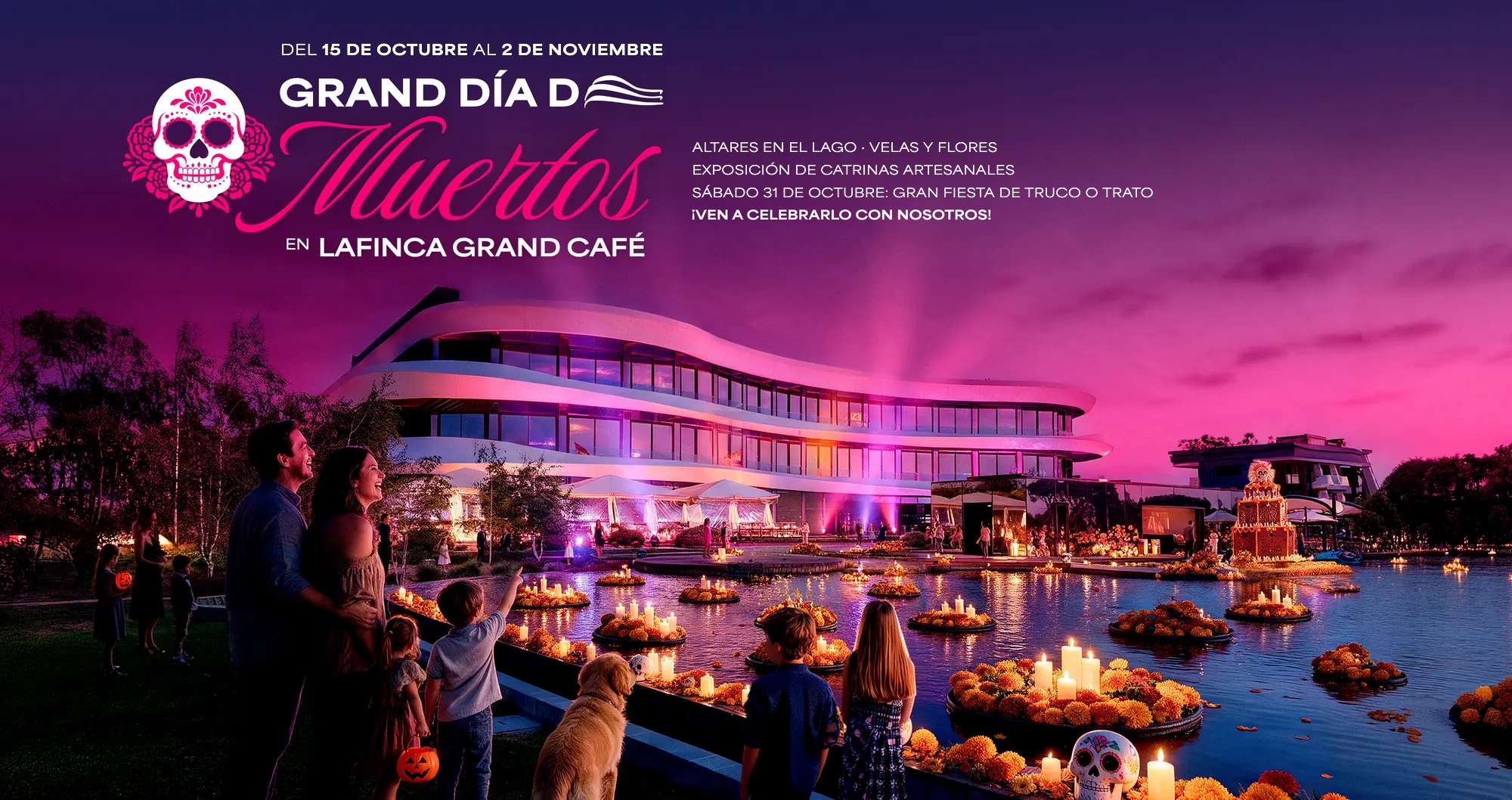 Grand Día de Muertos en LaFinca Grand Café: altar iluminado con velas y flores en el centro del lago