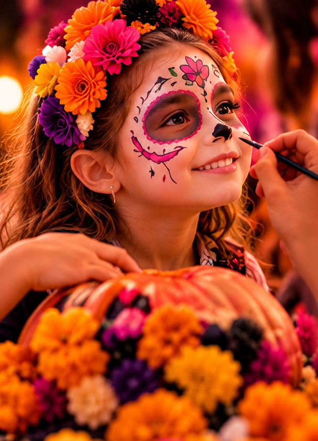 Niña con la cara pintada de catrina en el pintacaras de LaFinca Grand Café