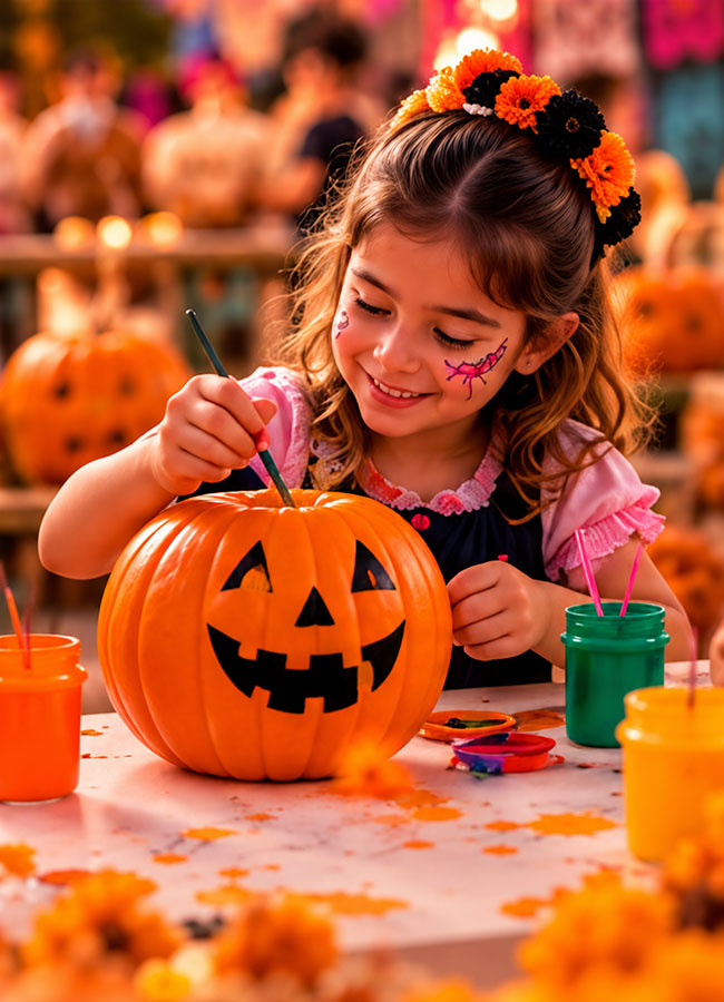 Niña pintando una calabaza en la fiesta de Truco o Trato de LaFinca Grand Café